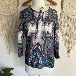 Talbots silk boho paisley print colorful blouse size 8